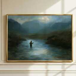 Fly Fishing Wall Art, Scottish Highlands Oil Painting, Fisherman River Print, Mountain Rustic Cabin Decor - thumbnail 2