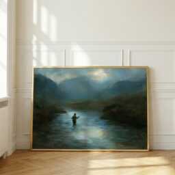 Fly Fishing Wall Art, Scottish Highlands Oil Painting, Fisherman River Print, Mountain Rustic Cabin Decor - thumbnail 1