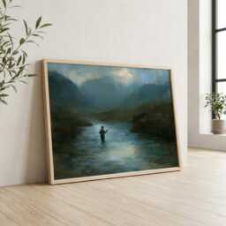 Fly Fishing Wall Art, Scottish Highlands Oil Painting, Fisherman River Print, Mountain Rustic Cabin Decor - thumbnail 3