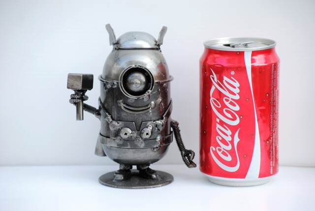 Handmade Metal Mini Robot Sculpture, Recycled Steel Art Figure, Funny Valentine Gift - image 1