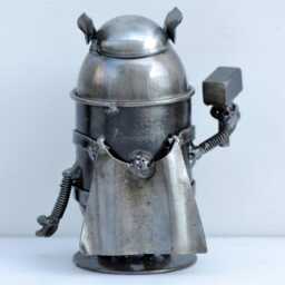 Handmade Metal Mini Robot Sculpture, Recycled Steel Art Figure, Funny Valentine Gift - thumbnail 3