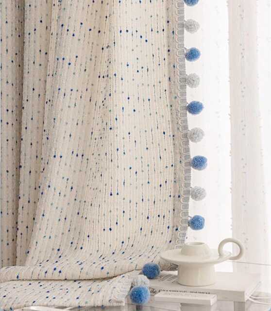 A Pair Of Pink Texture Curtains With Pompom Trim, Nursery Custom Living Room Bedroom Curtains, Custom Made, Divider - image 1