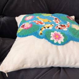 Handmade Koi Fish Pillow Cover Punch Needle Embroidered, 15x15 In - thumbnail 2