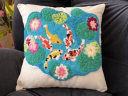 Handmade Koi Fish Pillow Cover Punch Needle Embroidered, 15x15 In - thumbnail 1