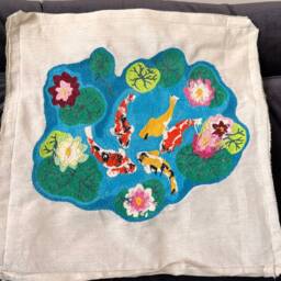 Handmade Koi Fish Pillow Cover Punch Needle Embroidered, 15x15 In - thumbnail 4