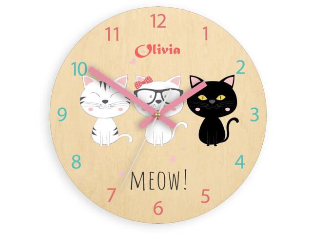 Cute Cats White & Black , Childrens Wall Clock - Kids Personalized Name Girls 30cm/11, 81 - image 1