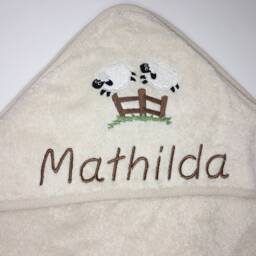 Organic Cotton Baby Hooded Bath Towel, Hand Shower Leela Cotton Sheep/Sheep + Name Embroidery - thumbnail 2