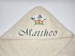 Organic Cotton Baby Hooded Bath Towel, Hand Shower Leela Cotton Sheep/Sheep + Name Embroidery - thumbnail 1