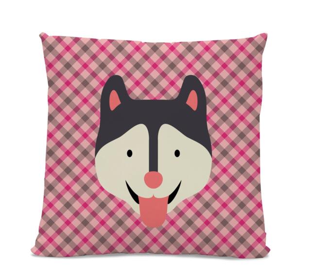 Pink & Grey Plaid Throw Pillow With Husky Illustration - image 1