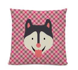Pink & Grey Plaid Throw Pillow With Husky Illustration - thumbnail 1