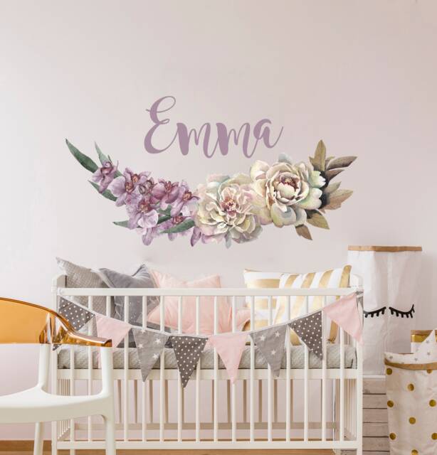 Girl Name Wall Decal Nursery, Toddler Bedroom Floral Decor Above Crib Bed, Watercolor Flowers Kids, Playroom Children - image 1