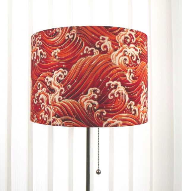 Handmade Japanese Oriental Hokusai Wave Style Red Orange White & Gold Fabric Lampshade