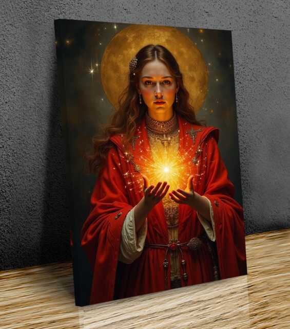 Mystical Woman With Golden Light, Fantasy Portrait Wall Art Print, Mounted Canvas Print Ready To Hang - image 1