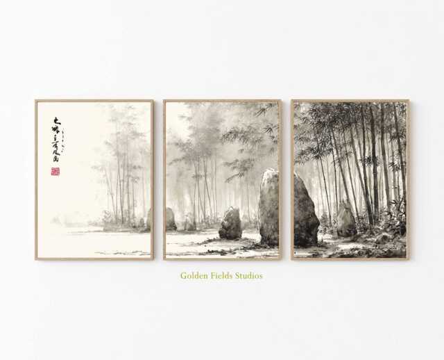 Zen Bamboo Forest Triptych Japanese Ink Brush Art Print - image 1