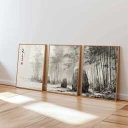Zen Bamboo Forest Triptych Japanese Ink Brush Art Print - thumbnail 2
