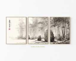 Zen Bamboo Forest Triptych Japanese Ink Brush Art Print - thumbnail 1