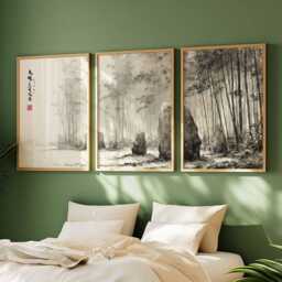 Zen Bamboo Forest Triptych Japanese Ink Brush Art Print - thumbnail 4