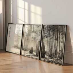 Zen Bamboo Forest Triptych Japanese Ink Brush Art Print - thumbnail 3