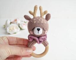 Deer Cotton Baby Toy With Wooden Ring, Oh Deer Shower Gift, Woodland Animal Shower, Personalized Natural Toy, New Parents Gift Basket