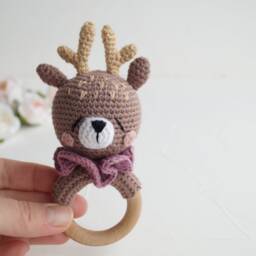 Deer Cotton Baby Toy With Wooden Ring, Oh Deer Shower Gift, Woodland Animal Shower, Personalized Natural Toy, New Parents Gift Basket - thumbnail 2