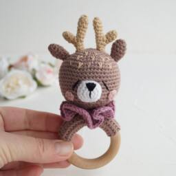 Deer Cotton Baby Toy With Wooden Ring, Oh Deer Shower Gift, Woodland Animal Shower, Personalized Natural Toy, New Parents Gift Basket - thumbnail 3