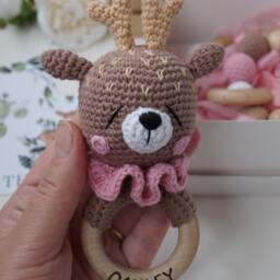 Deer Cotton Baby Toy With Wooden Ring, Oh Deer Shower Gift, Woodland Animal Shower, Personalized Natural Toy, New Parents Gift Basket - thumbnail 4
