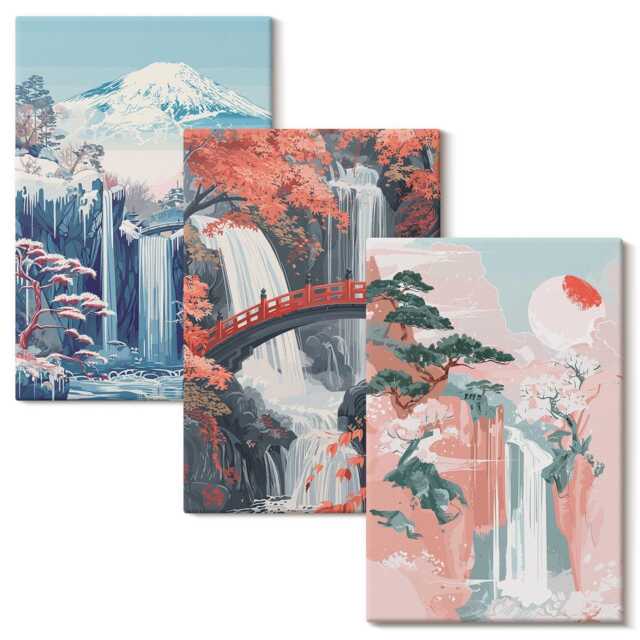 Canvas Wall Art Set Of 3 - Waterfalls Mountains With A Bridge & Flowering Trees, Pink Photo Print, Landscapes Decor - image 1