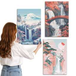 Canvas Wall Art Set Of 3 - Waterfalls Mountains With A Bridge & Flowering Trees, Pink Photo Print, Landscapes Decor - thumbnail 2