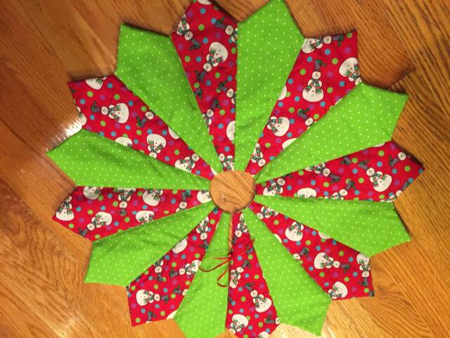 Christmas Tree Skirt, 26 Inch Diameter, Table Top, Mini, Snowman, Small, Juvenile Print, Red, Lime Green, Children, Quilted - image 1