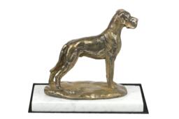 Great Dane Uncropped, Dog White Marble Base Statue, Limited Edition, Artdog. Made Of Cold Cast Bronze. Perfect Gift. Limited Edition
