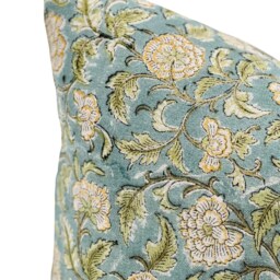 Designer Floral in Teal, Green & Yellow On Natural Linen Pillow Cover, Cover, Decorative Throw Pillow, Farmhouse Pillow - thumbnail 2