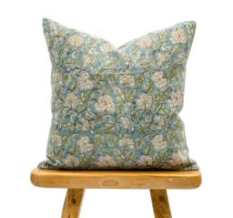 Designer Floral in Teal, Green & Yellow On Natural Linen Pillow Cover, Cover, Decorative Throw Pillow, Farmhouse Pillow - thumbnail 1