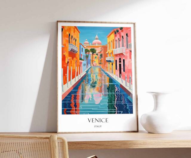 Venice Poster, Italy Canal Gondola European Travel Art, Wall Decor, Italian Art - image 1