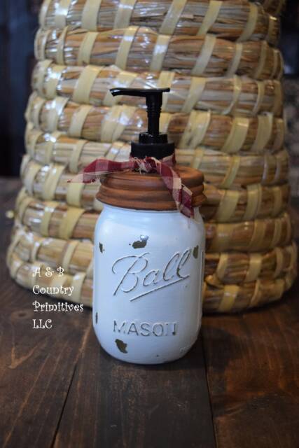 Painted Distressed Off White Ball Mason Jar Hand Soap Dispenser, Choice Of Lid Style, Pump, & Decorative Ribbon - image 1