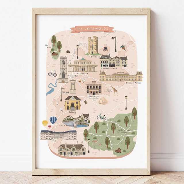 Cotswolds Map, Illustrated Map Of The Cotswolds, Print, Art, Poster, Gift, Travel Momento
