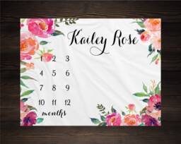 Baby Girl Milestone Blanket Month Growth Tracker Minky Fleece Custom Personalized Shower Gift Watercolor Floral Newborn - thumbnail 1