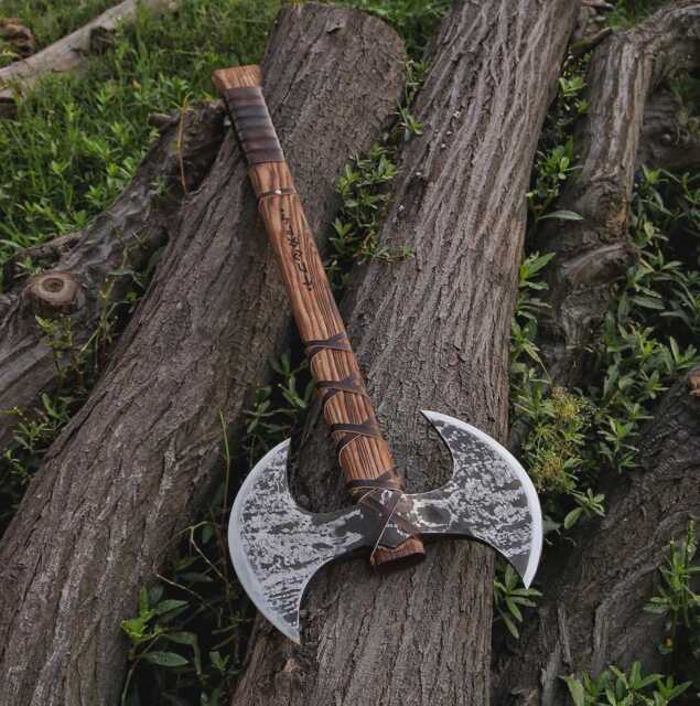 Hand Forged Double Headed Viking Axe, Ash Wood Shaft, Wall Decor - image 1