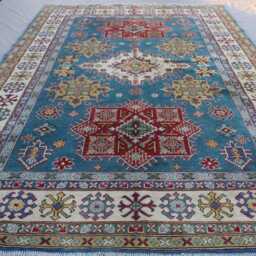 7x10 Large Kazak Area Rug, Blue Afghan Natural Dyes Hand Knotted Wool Rugs For Living Room, Bedroom Caucasian Design Oriental Rug - thumbnail 3