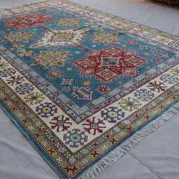 7x10 Large Kazak Area Rug, Blue Afghan Natural Dyes Hand Knotted Wool Rugs For Living Room, Bedroom Caucasian Design Oriental Rug - thumbnail 4