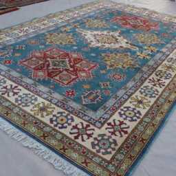 7x10 Large Kazak Area Rug, Blue Afghan Natural Dyes Hand Knotted Wool Rugs For Living Room, Bedroom Caucasian Design Oriental Rug - thumbnail 2
