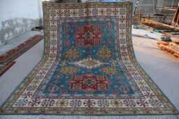 7x10 Large Kazak Area Rug, Blue Afghan Natural Dyes Hand Knotted Wool Rugs For Living Room, Bedroom Caucasian Design Oriental Rug - thumbnail 1