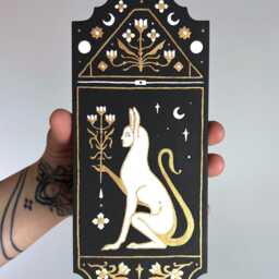 Handmade Plywood Sphynx Cat Painting Black & Gold Wall Art - thumbnail 2