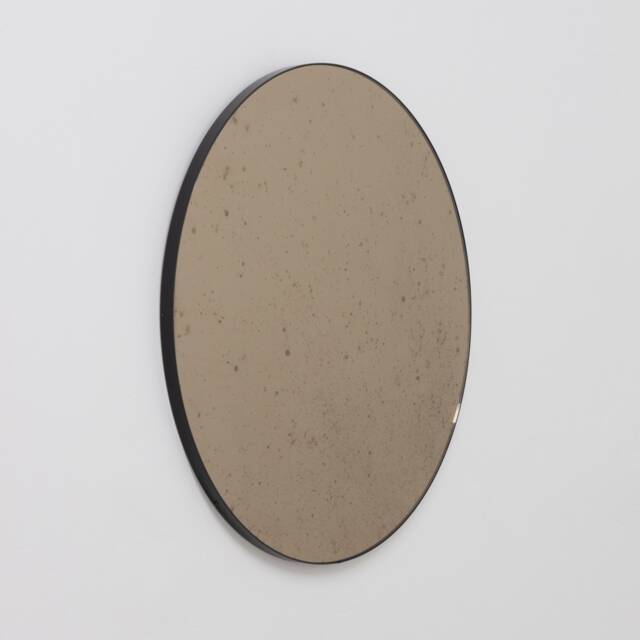 Orbis??? Antiqued Bronze Tinted Modern Round Mirror With Black Frame - Large, Xl - image 1