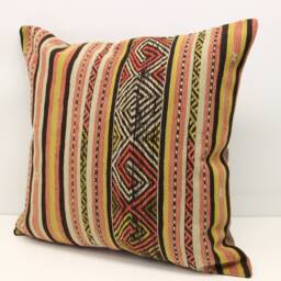 Handmade Turkish Kilim Pillow Cover 24x24, Rustic Woven Design - thumbnail 3