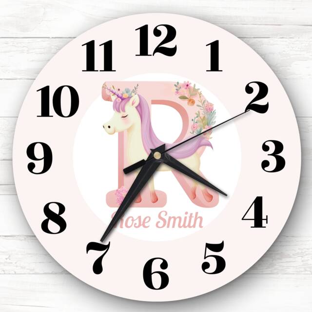 Pink Unicorn Alphabet Letter R Girls Room Custom Gift Personalised Clock - image 1