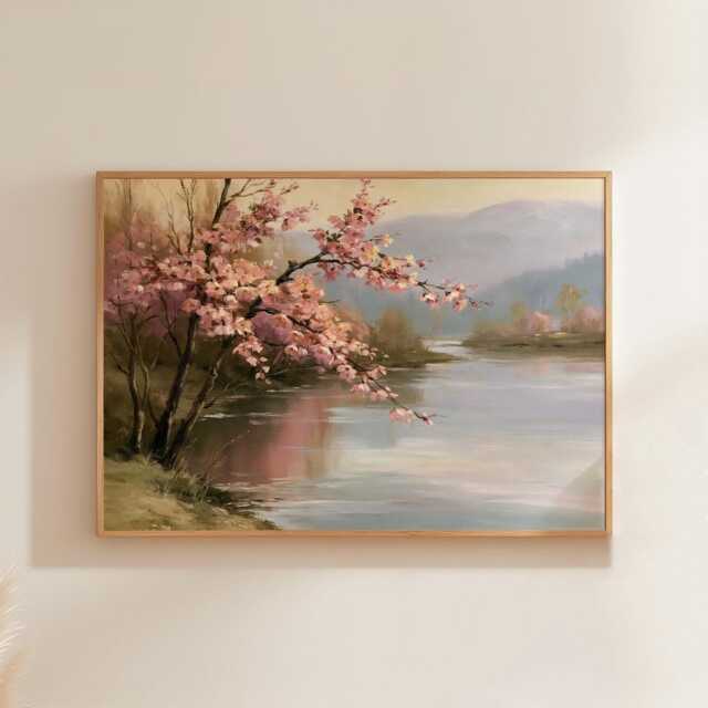 Pink Blossom Poster, River Landscape Print, Nature Wall Art, Paper - image 1