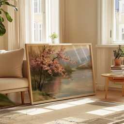 Pink Blossom Poster, River Landscape Print, Nature Wall Art, Paper - thumbnail 4