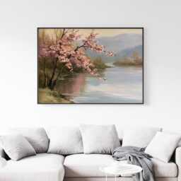 Pink Blossom Poster, River Landscape Print, Nature Wall Art, Paper - thumbnail 3