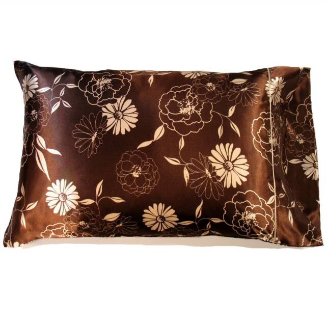 Brown & Ivory Flowered Satin Pillowcases. Bedding For Sensitive Hair, Skin Scalp