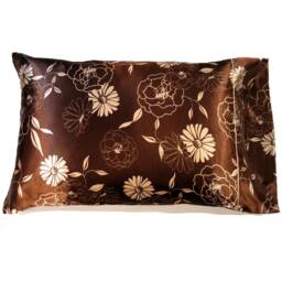 Brown & Ivory Flowered Satin Pillowcases. Bedding For Sensitive Hair, Skin Scalp